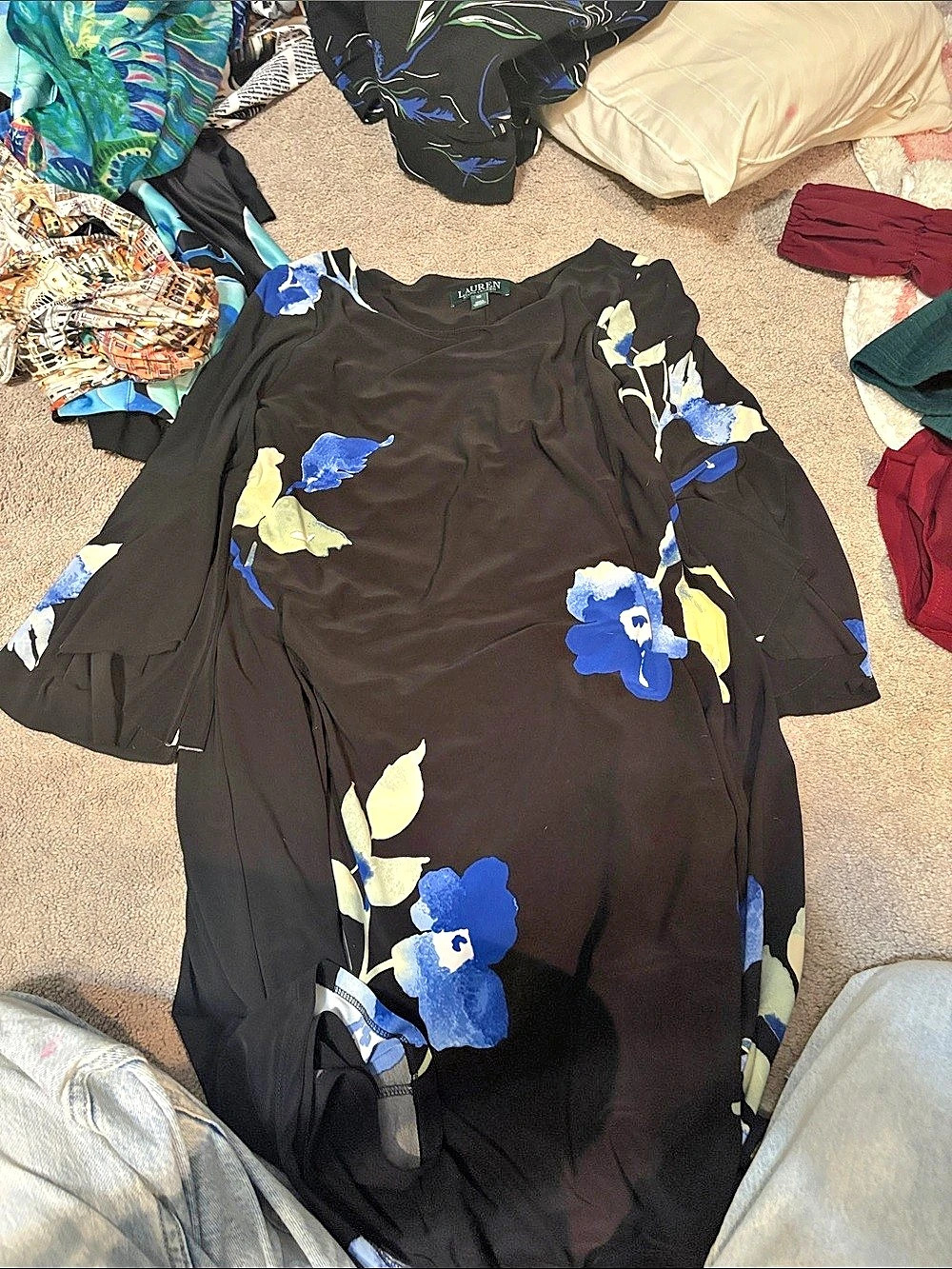 Lauren Ralph Lauren Floral Midi Dress in Black & Blue Like New
